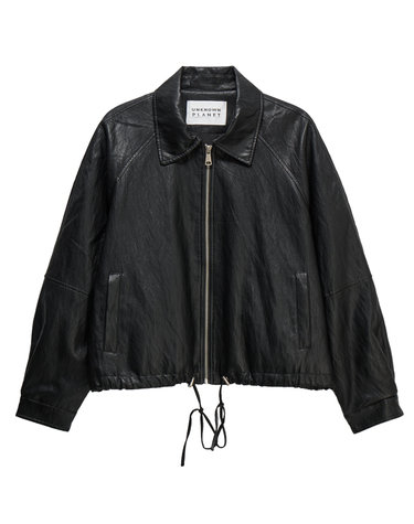 스트링 블루종 페이크 레더 자켓 블랙_Drawstring Faux Leather Blouson Jacket Black