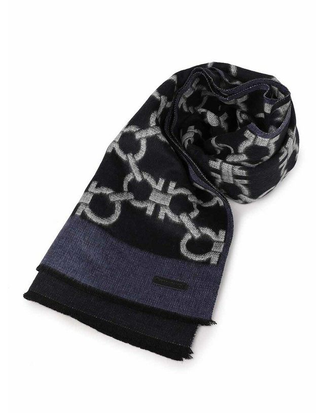 살바토레 페라가모 [명품] 페라가모 간치니 스카프 52 0034 SKY BLUE+NAVY BLUE+IVORY 740714 네이비 착용컷