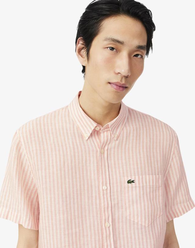 라코스테 [라코스테 공식] 남성 린넨 스트라이프 반팔 셔츠 CH8061-56G TIM 착용컷