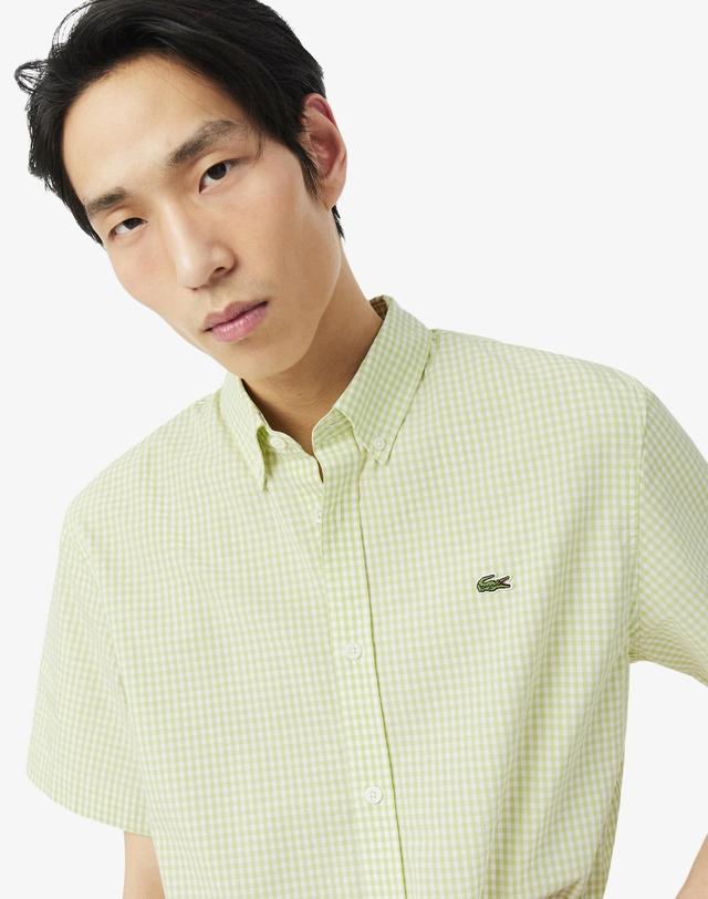 라코스테 [라코스테 공식] 남성 라이트 포플린 깅업 체크 반팔 셔츠 CH2346-56G 4AJ 착용컷