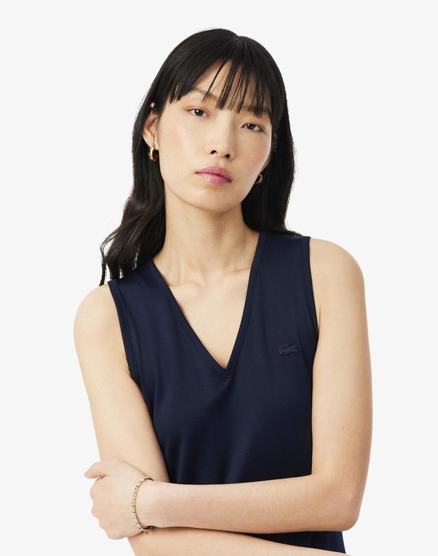 라코스테 [라코스테 공식] 여성 브이넥 슬리브리스 플리츠 원피스 EF8849-56G 166 착용컷