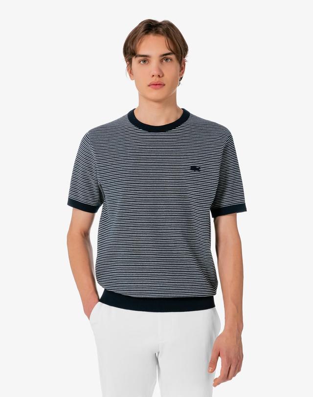 라코스테 [라코스테 공식] 남성 멀티 스트라이프 반팔 크루넥 풀오버 AH307E-56G 350 착용컷