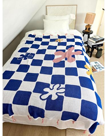 블랑쉬 블루 체커 플라워 아트 모티브 블랭킷