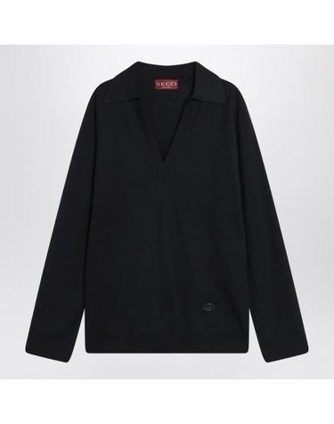 [해외직구] 25FW 구찌 딥 브이넥 리브드 커프 울 폴로 스웨터 793883XKFA8 4215 NAVY