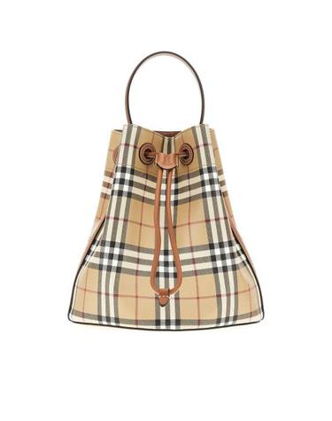 [해외직구] 26FW 버버리 스몰 체크 레더 드로우스트링 버킷백 8109795 Beige