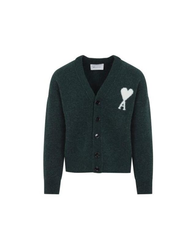 아미 [해외직구] 26FW 아미 빅 하트 로고 알파카 니트 가디건 UKC365 KN0135 A279 BOTTLE GREEN OFF WHITE 착용컷