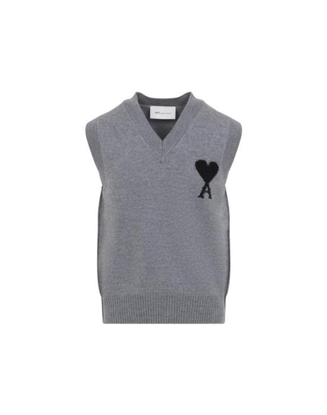 아미 [해외직구] 26FW 아미 니트 베스트 UKS902 018 A273 HEATHER ASH GREY BLACK 착용컷