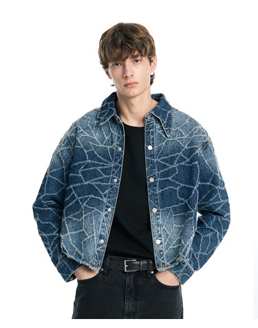 [LAB101] 크랙 스톤워시 크롭 데님 셔켓 (MID BLUE)