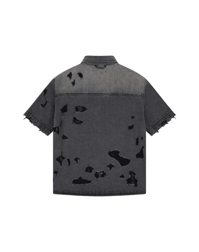 랩원오원 [LAB101] 빈티지 번트 디스트로이드 데님 셔츠 (GREY) 착용컷