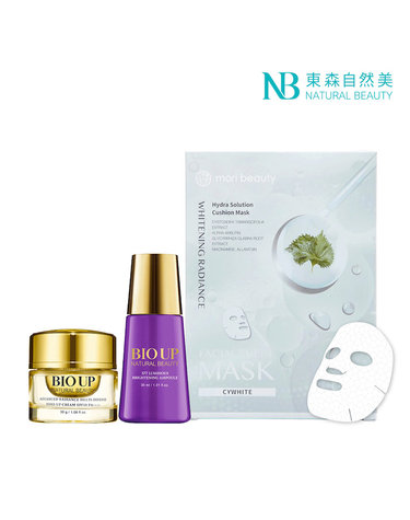 Natural Beauty 60일 브라이트닝 및  세트: 하이드라 솔루션 쿠션 마스크 화이트닝 레이디언스+어드바이스 레이디언스 멀티디펜스 톤업