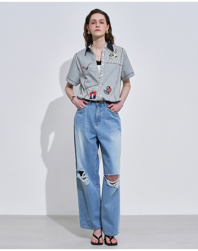 르니앤맥코이 워싱 데미지 썸머 와이드 청바지 LN09SD103S 착용컷