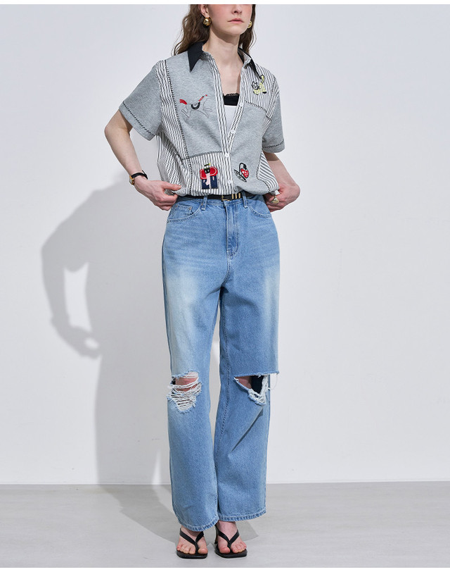 르니앤맥코이 워싱 데미지 썸머 와이드 청바지 LN09SD103S 착용컷