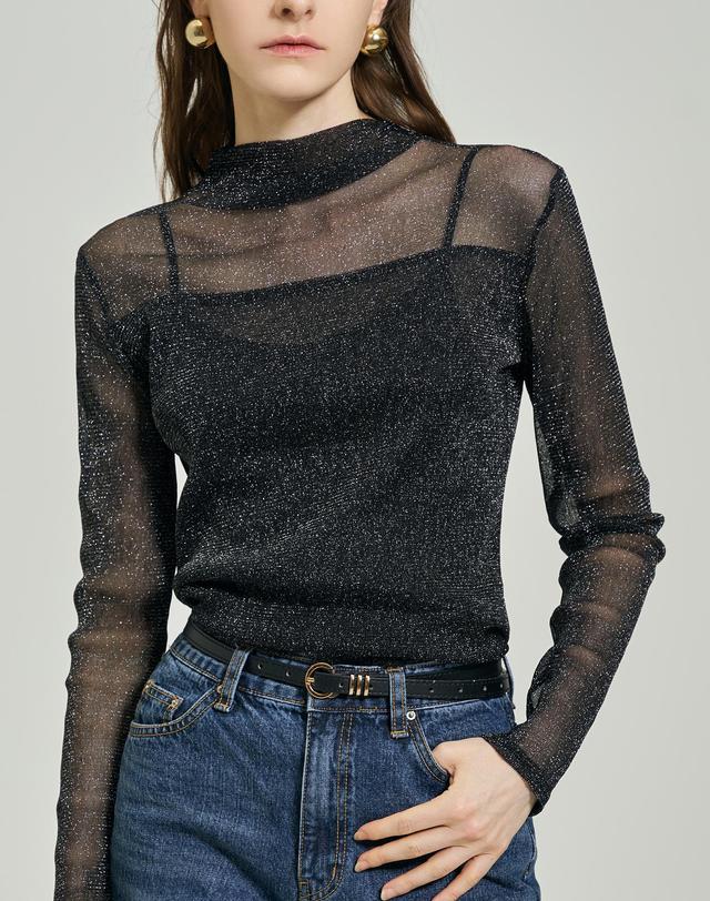 르니앤맥코이 펄 시스루 하이넥 티셔츠 MN10TS500FJY 착용컷