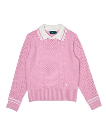 [세인트나인] 여성 케이블 조직 에리 변형 스웨터 GREYISH PINK