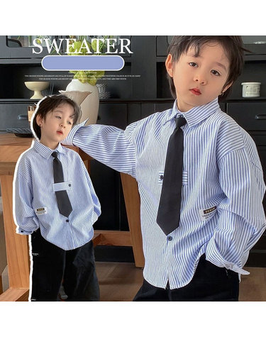 남아 넥타이 스트라이프 카라 긴팔 셔츠 R18320