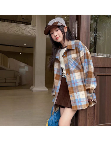 여아 브라운 블루 체크 오버 셔츠 R19101