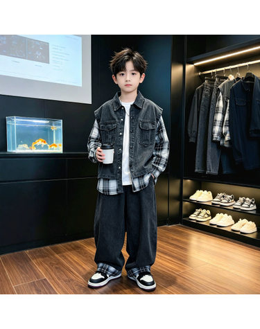 체크 셔츠 데님 베스트 삼종 세트 R20609