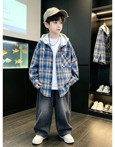 체크 후디드 오버핏 셔츠 자켓 R21136
