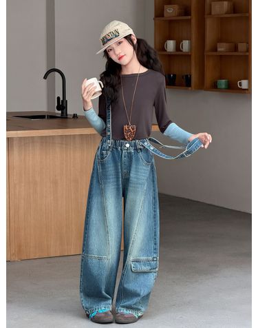 디태처블 멜빵 카고 벌룬 데님 팬츠 R21720
