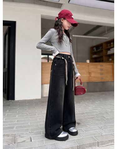 스카프 벨트 와이드 데님 팬츠 R21938