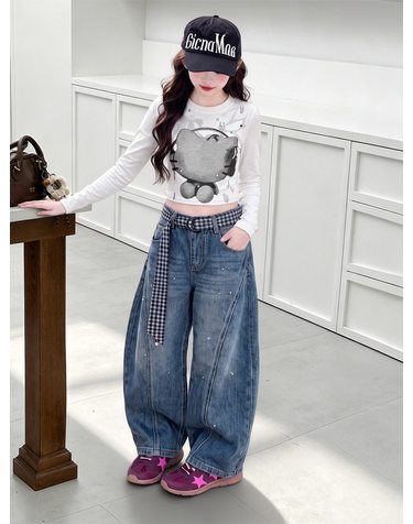 체크 벨트 벌룬 데님 팬츠 R22062