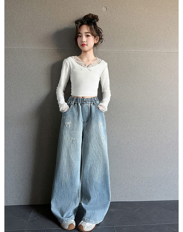 리본 자수 벌룬 와이드 데님 팬츠 R22075