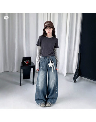 스타 참 글리터 와이드 데님 팬츠 R22079
