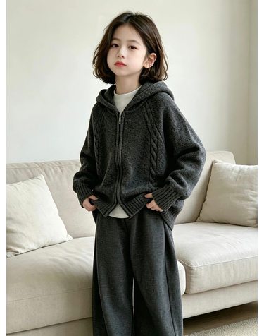 차콜 케이블 후드 집업 니트 가디건 R23536