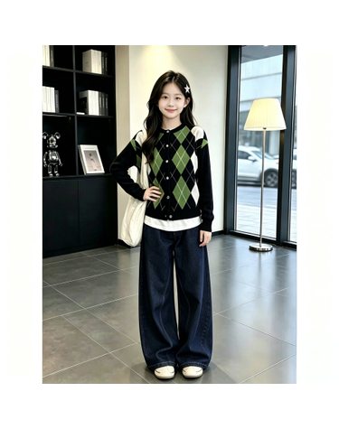 그린 아가일 니트 가디건 R23773