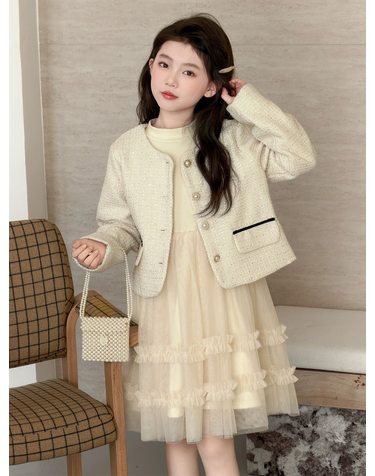크림 트위드 자켓 튤 원피스 세트 R23760