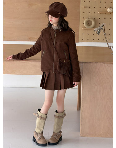브라운 스웨이드 자켓 플리츠 스커트 셋업 R23950