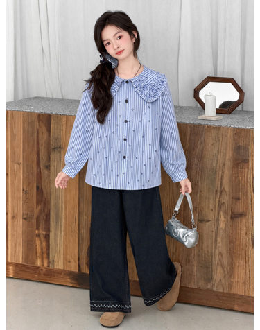 블루 플로럴 프릴 카라 블라우스 R23940
