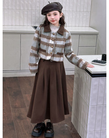 체크 울 터치 자켓 롱스커트 셋업 R24001