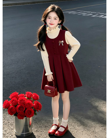 레드 벨벳 리본 원피스 스웨터 세트 R24097