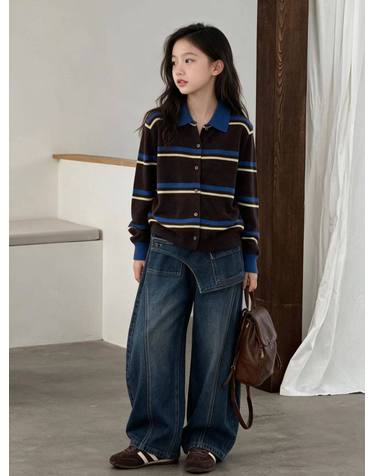 브라운 스트라이프 카라 니트 가디건 R24226
