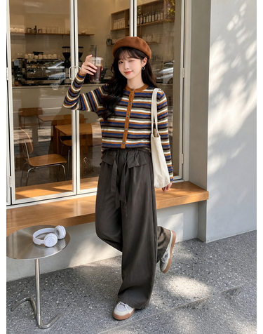 브라운 스트라이프 가디건 팬츠 셋업 R24464