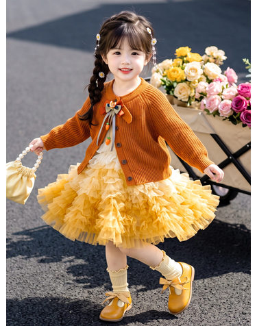 오렌지 니트 가디건 튤 원피스 셋업 R24426