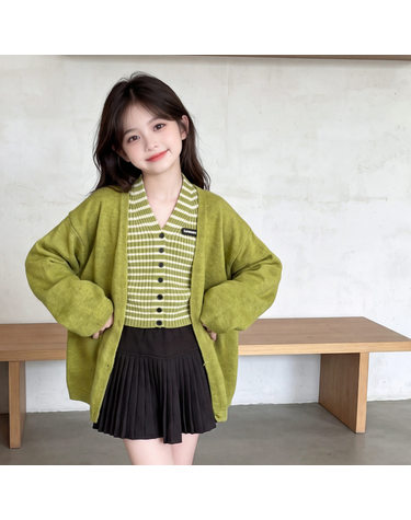 올리브 니트카디건 스트라이프 베스트 2피스 R27135