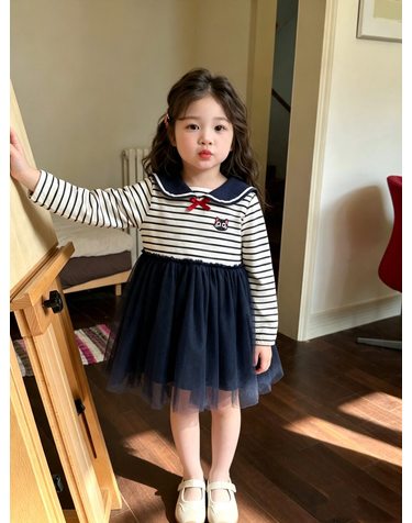 마린 세일러카라 스트라이프 튤 원피스 R27183