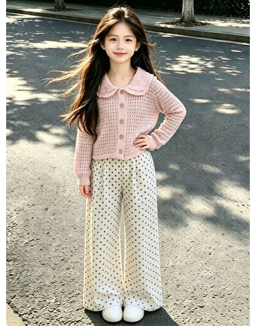 핑크 크로셰 카디건 도트 와이드 셋업 R27060