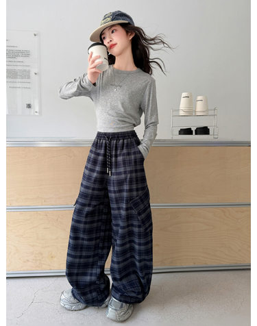 네이비 체크 벌룬 와이드 팬츠 R27054