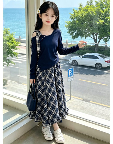 네이비 오프숄더 탑 체크 롱스커트 셋업 R27088