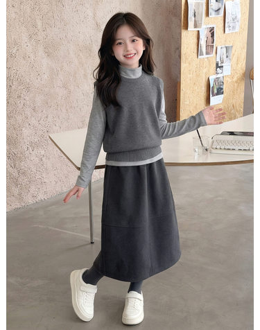 그레이 니트베스트 롱스커트 3피스 셋업 R27043