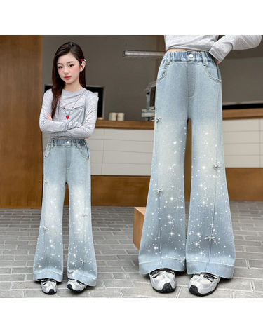 에클라 리본큐빅 와이드 플레어 데님 팬츠 R26899