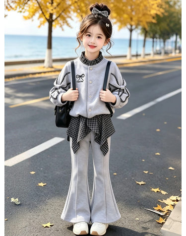 리본 소매 스웨트 체크 랩 부츠컷 팬츠 R26697