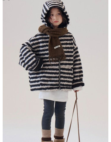 블랙 화이트 스트라이프 뽀글이 후드 집업 R26828