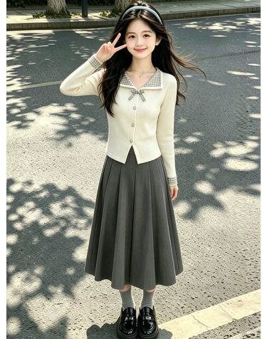 체크카라 리본 니트 플리츠스커트 셋업 R27000