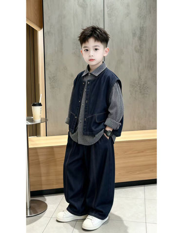 데님 베스트 체크 셔츠 셋업 R26614