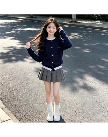 라운드 니트카디건 플리츠 미니스커트 셋업 R27565