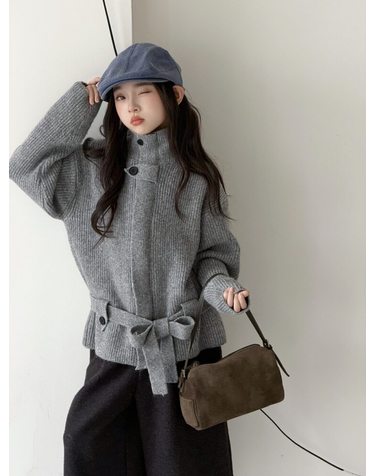 리본 벨트 하이넥 니트 자켓 R27721